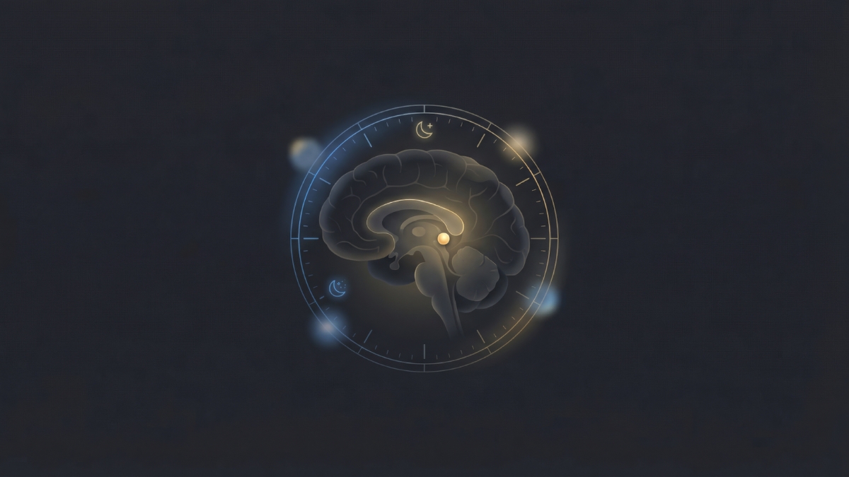 Schematický obrázek – epifýza v mozku, cirkadiánní rytmus, biologické hodiny